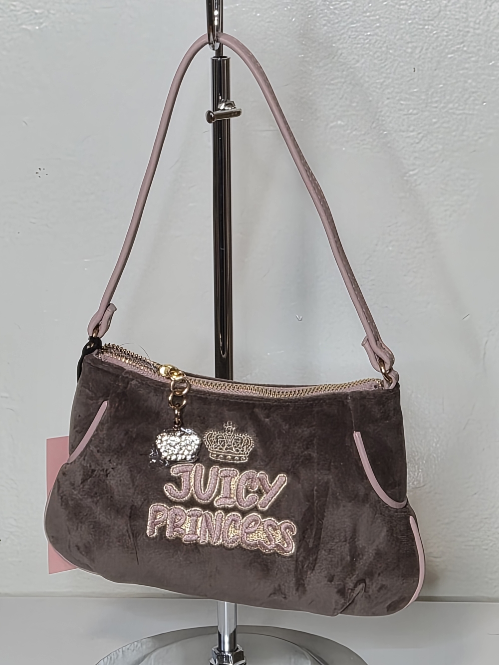 Juicy Couture Brown Velvet Shoulder Bag with Pink Trim